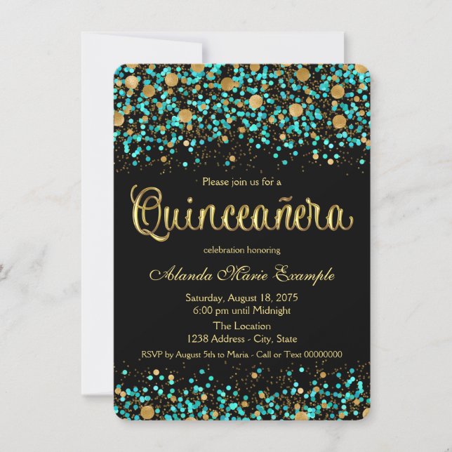 Teal Blue and Gold Quinceanera Invitation (Front)
