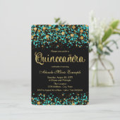Teal Blue and Gold Quinceanera Invitation (Standing Front)
