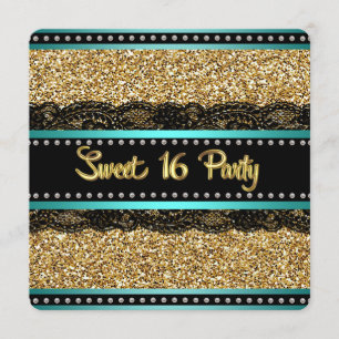 Teal Blue and Gold Sweet 16 Birthday Party Invitation