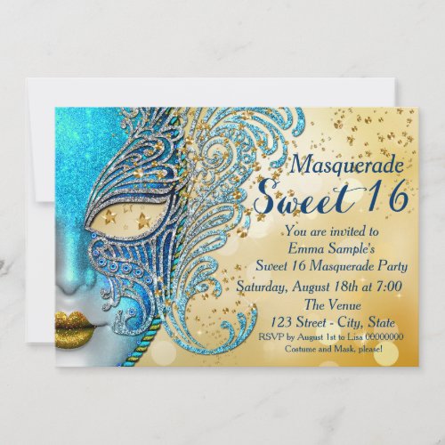 Teal Blue and Gold Sweet 16 Masquerade Party Invitation