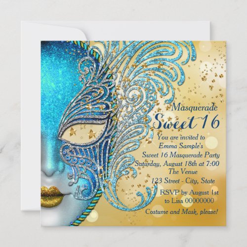 Teal Blue and Gold Sweet 16 Masquerade Party Invitation