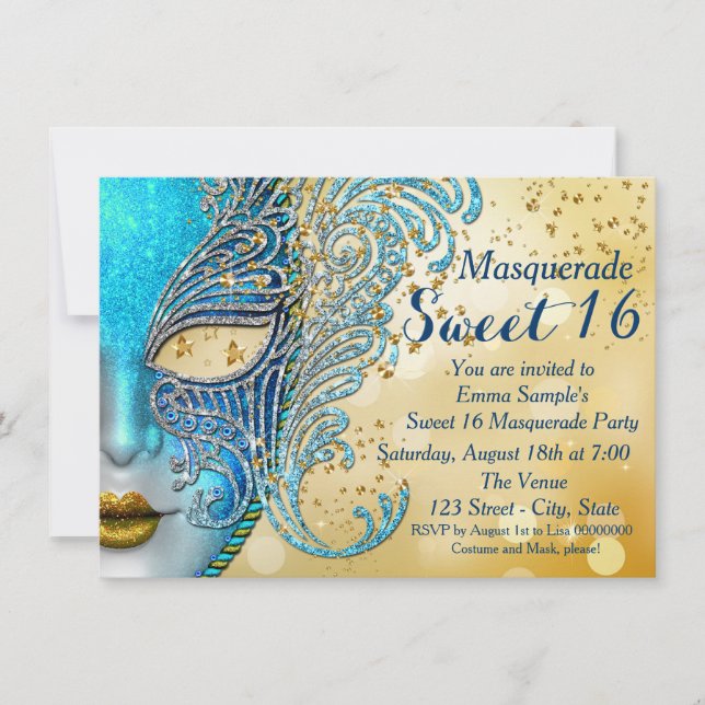 Teal Blue and Gold Sweet 16 Masquerade Party Invitation (Front)
