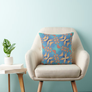 Teal Blue and Gold Tan Throw Pillow