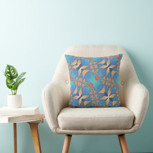 Teal Blue and Gold Tan  Throw Pillow