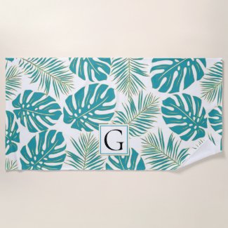 Teal blue and gold tropical leaves and monogram beach towel