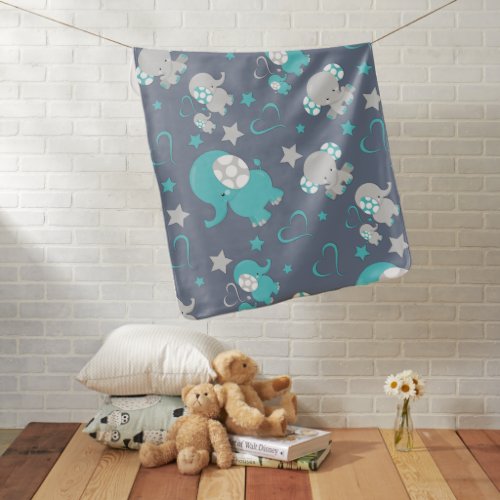 Teal Blue and Gray Baby Elephants Pattern Print Baby Blanket