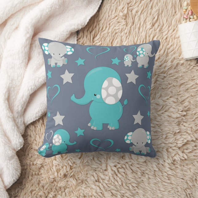 Teal Blue and Gray Baby Elephants Pattern Print Throw Pillow (Blanket)