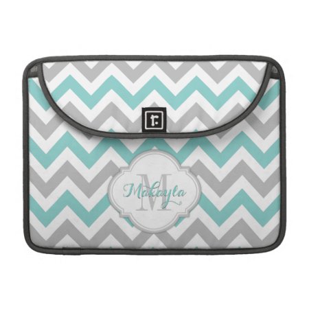 Teal Blue And Gray Chevron Pattern With Monogram. Macbook Pro Sleeve