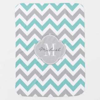 Teal Blue and Gray Chevron with Monogram Baby Blanket