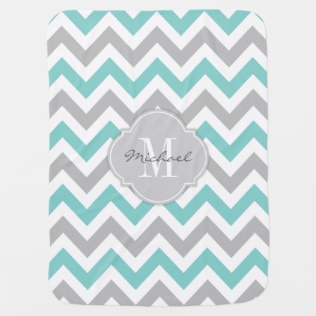 Teal Blue And Gray Chevron With Monogram Baby Blanket