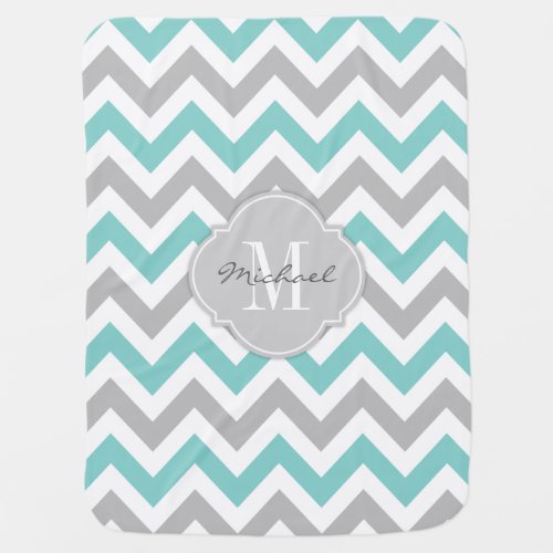 Teal Blue and Gray Chevron with Monogram Baby Blanket