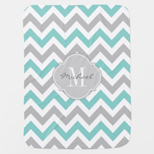 Teal Blue and Gray Chevron with Monogram Baby Blanket (Front)