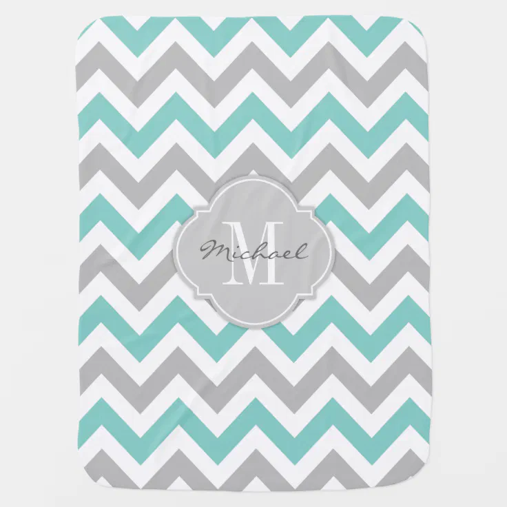 Teal Blue and Gray Chevron with Monogram Baby Blanket Zazzle