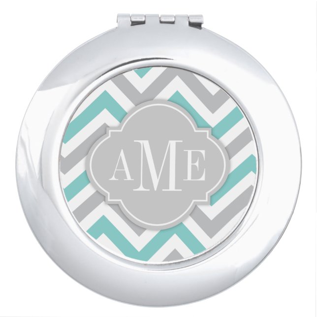 Teal Blue and Gray Chevron with Monogram Makeup Mirror (Front)