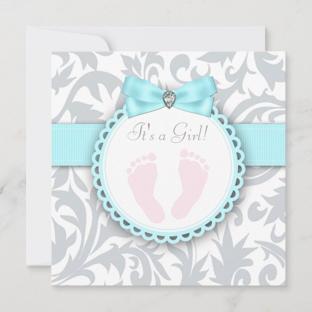 Teal Blue and Gray Footprint Baby Girl Shower Invitation (Front)