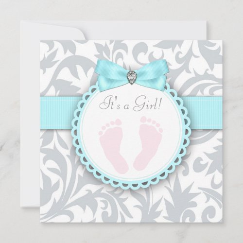 Teal Blue and Gray Footprint Baby Girl Shower Announcements