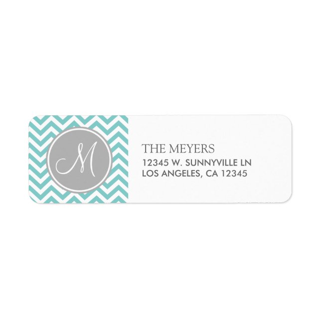 Teal Blue and Gray Modern Chevron with Monogram Label (Front)