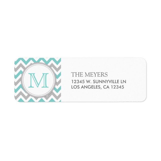 Teal Blue and Gray Modern Chevron with Monogram Label (Front)
