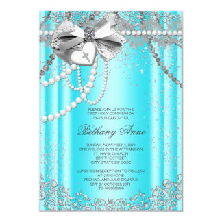 Teal Blue and Gray Pearl First Communion Card