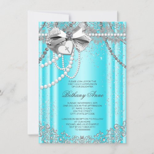 Teal Blue and Gray Pearl First Communion Invitation