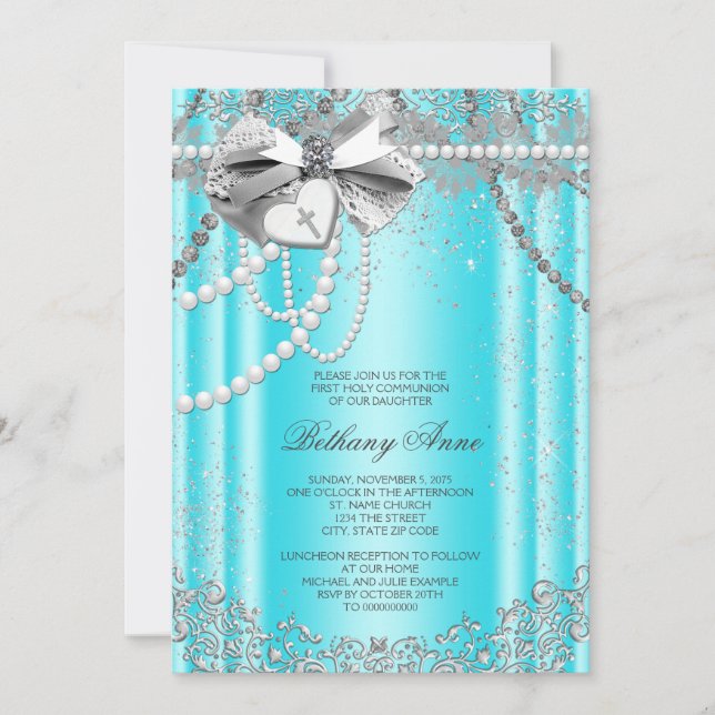 Teal Blue and Gray Pearl First Communion Invitation (Front)