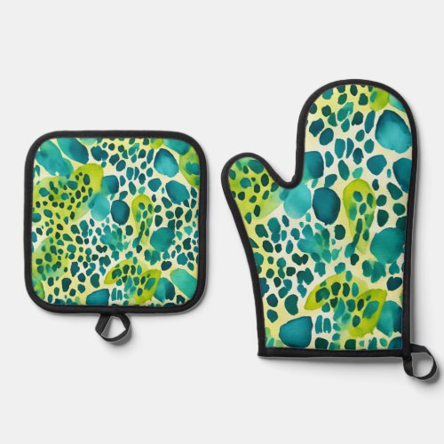 Teal Blue And Green Animal Print Oven Mitt  Pot Holder Set