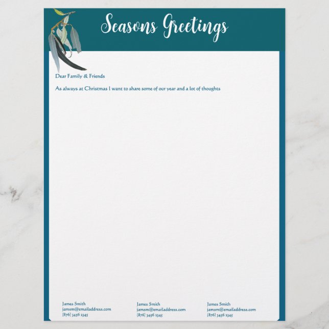 Teal Blue and Green Christmas Letter w' Photos Letterhead (Front)