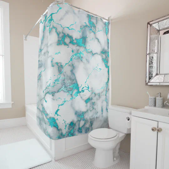 Teal Blue And Grey Marble Stone Shower, Blue Grey Marble Shower Curtain