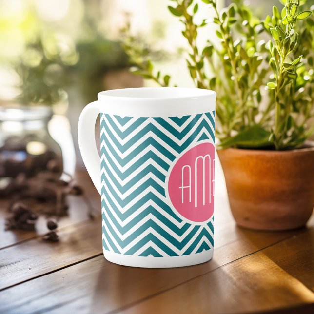 Teal Blue and Hot Pink Chevrons Custom Monogram Bone China Mug (Personalized mug with photos and text, customize completely in the advanced design area)