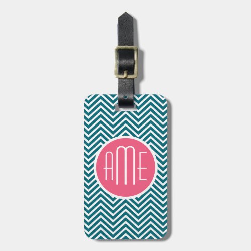 Teal Blue and Hot Pink Chevrons Custom Monogram Luggage Tag