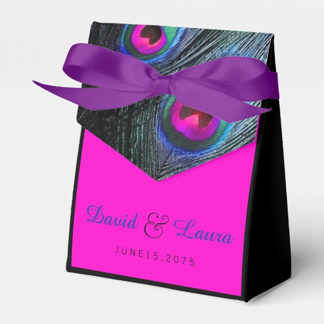 Teal Blue and Hot Pink Peacock Wedding Favor Boxes (Front Side)