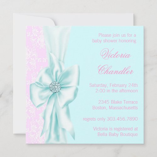 Teal Blue and Pink Damask Baby Girl Shower Invitation