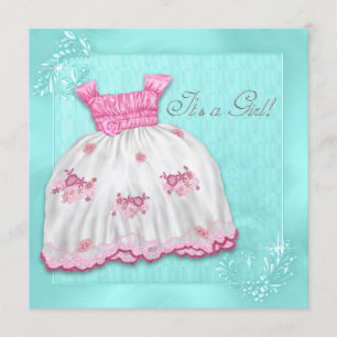 Teal Blue and Pink Dress Baby Shower Invitation