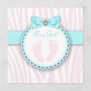 Teal Blue and Pink Footprint Baby Girl Shower Invitation