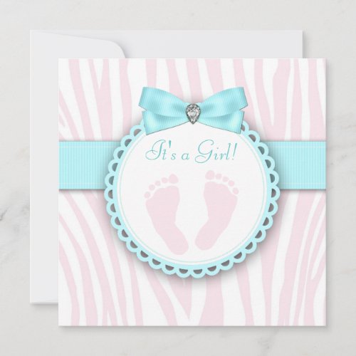 Teal Blue and Pink Footprint Baby Girl Shower Invitation