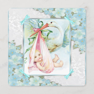 Teal Blue and Pink Stork Baby Shower Invitation