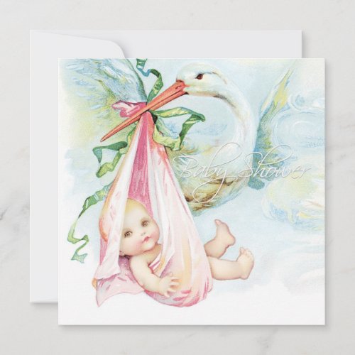 Teal Blue and Pink Vintage Stork Baby Shower Personalized Invitations