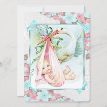 Teal Blue And Pink Stork Baby Shower Invitation by The_Vintage_Boutique at Zazzle