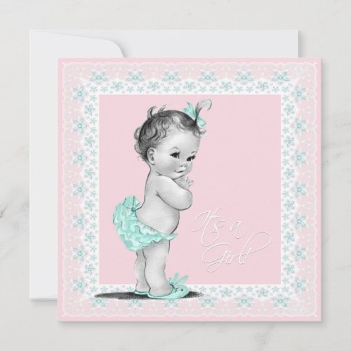 Teal Blue and Pink Vintage Baby Girl Shower Custom Announcement