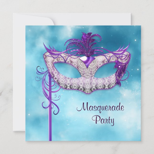 Teal Blue and Purple Masquerade Party Invitation (Front)