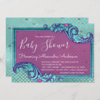 Teal Blue and Purple Mermaid Scales Baby Shower Invitation