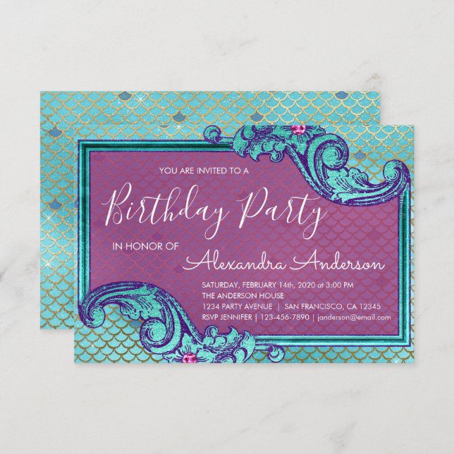 Teal Blue and Purple Mermaid Scales Birthday Party Invitation (Front/Back)