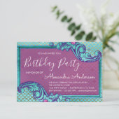 Teal Blue and Purple Mermaid Scales Birthday Party Invitation (Standing Front)