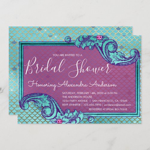 Teal Blue and Purple Mermaid Scales Bridal Shower Invitation