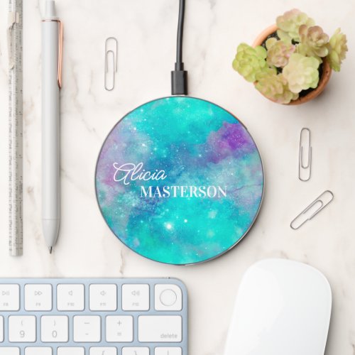 Teal Blue and Purple Painted Galaxy Monogrammed Wireless Charger