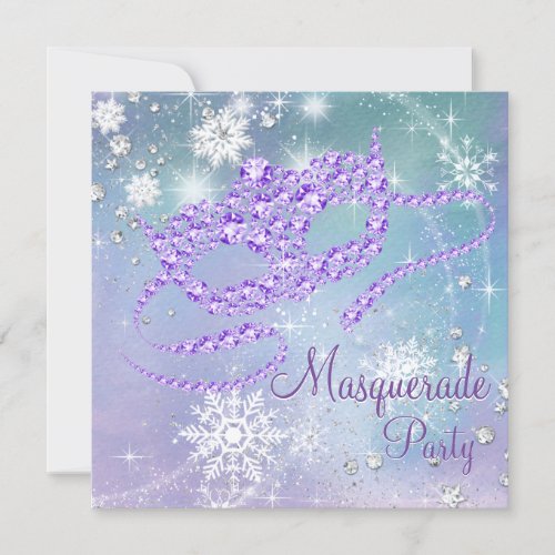 Teal Blue and Purple Snowflake Masquerade Party Invitation