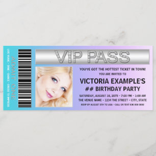 Teal Blue and Purple Ticket Birthday Party Invitation