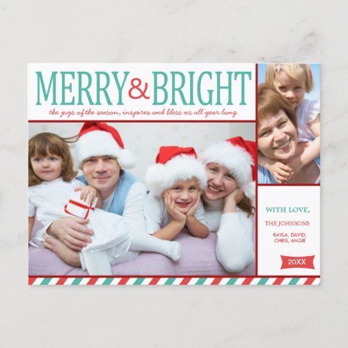 Teal Blue and Red Merry and Bright Photo Holiday Postcard