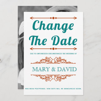 Teal blue and rust Change the Date announcement