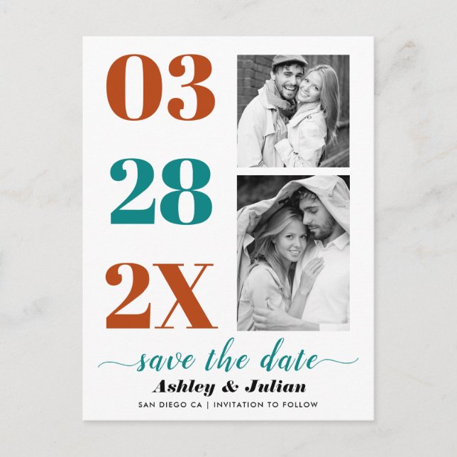 Teal blue and rust two photo Save the Date Postcard (Front)
